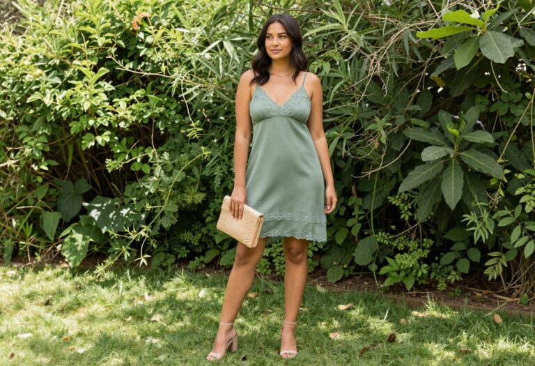 Woman in sage green slip dress with lace trim and nude heels in garden