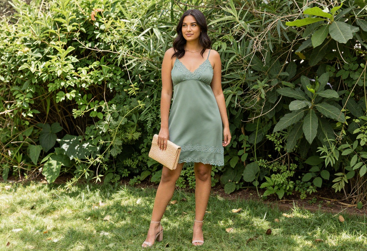 Woman in sage green slip dress with lace trim and nude heels in garden