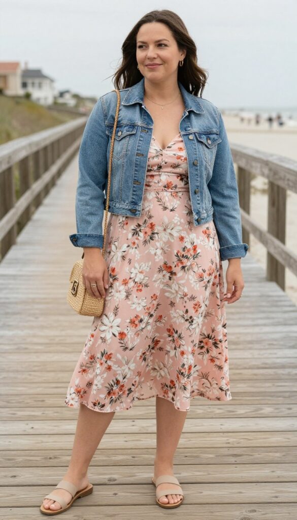 A woman in a floral midi dress and denim jacket stands on a sandy beach near a boardwalk, wearing nude sandals and a woven bag.