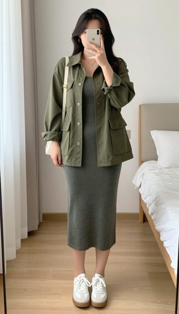 Woman in utility jacket and knit dress taking mirror selfie