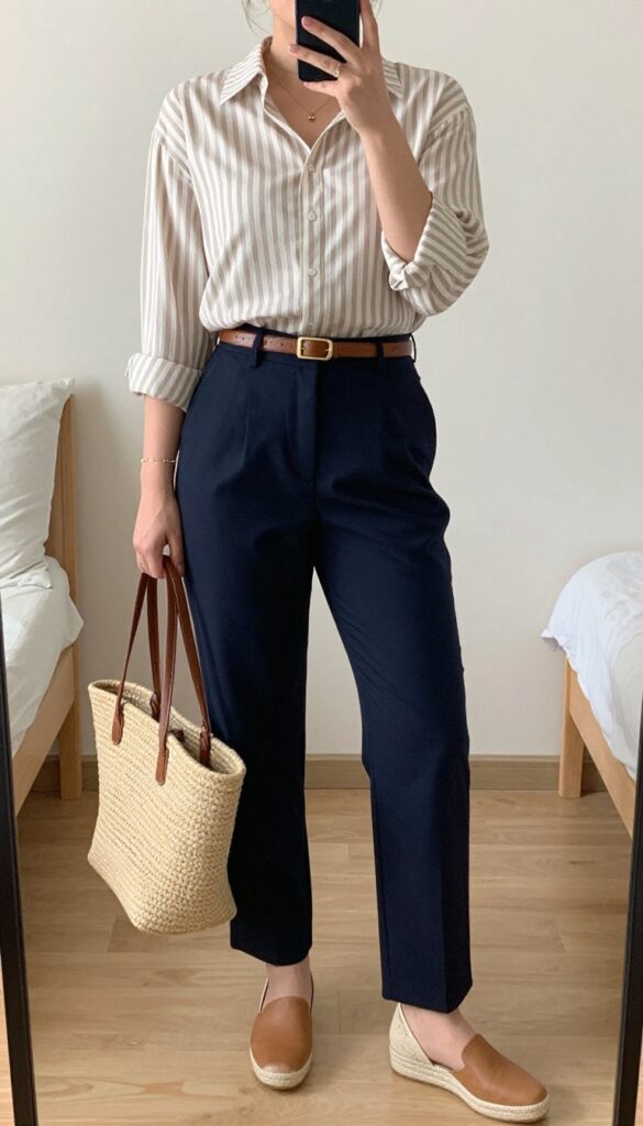 Model in neutral striped blouse and navy trousers, sleeves rolled, brown belt, tan wedges, woven tote, gold jewelry, mirror selfie in bedroom.