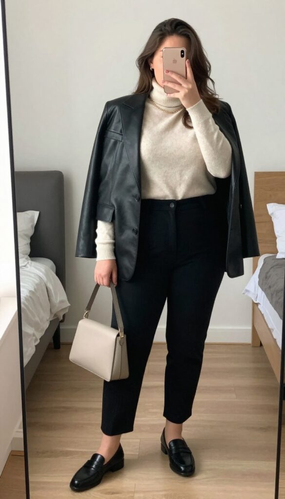 Woman in black trousers, cream cashmere turtleneck, and black leather blazer, standing in a bright office hallway, holding a neutral crossbody bag.