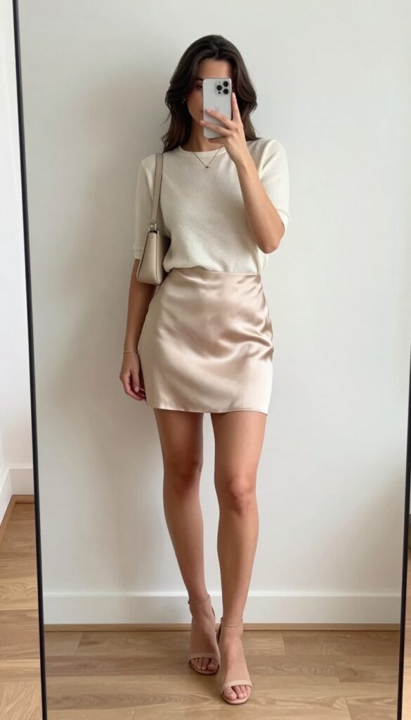 Woman in satin mini skirt and knit top taking a mirror selfie, wearing heeled sandals and shoulder bag, bright natural light.