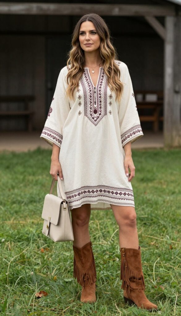 Boho wedding guest outfit with cream embroidered tunic dress and brown fringe boots