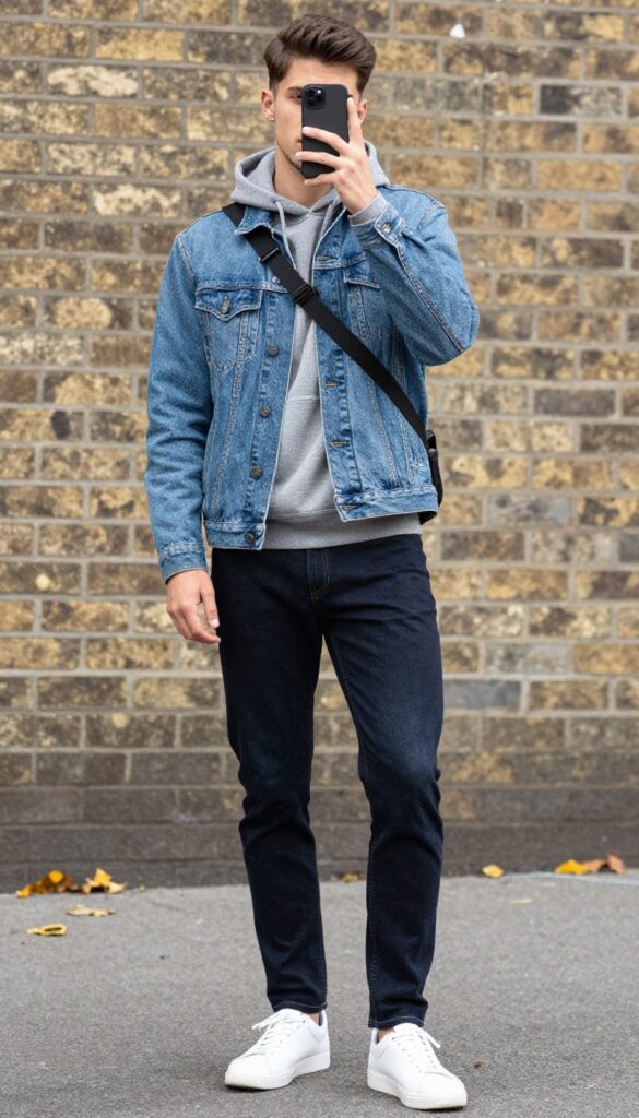 Man in grey hoodie under blue denim jacket, dark jeans, white sneakers, standing on city street in autumn.