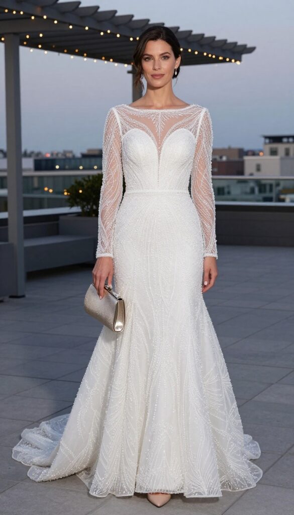 Woman in beaded fit-and-flare wedding dress with illusion neckline on rooftop terrace at dusk