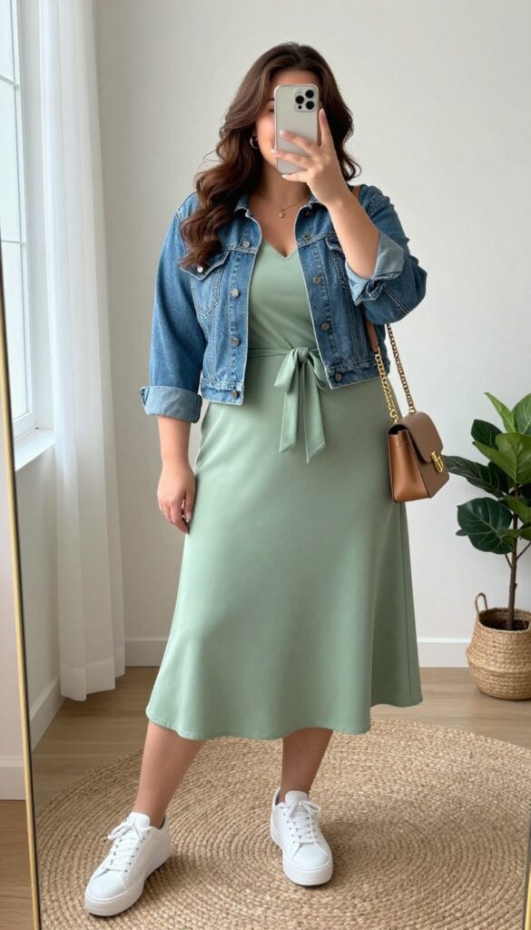 Plus-size woman in a sage green floral midi dress and light-wash denim jacket, taking a mirror selfie. White sneakers and tan crossbody bag complete the look. Bright, natural light setting.