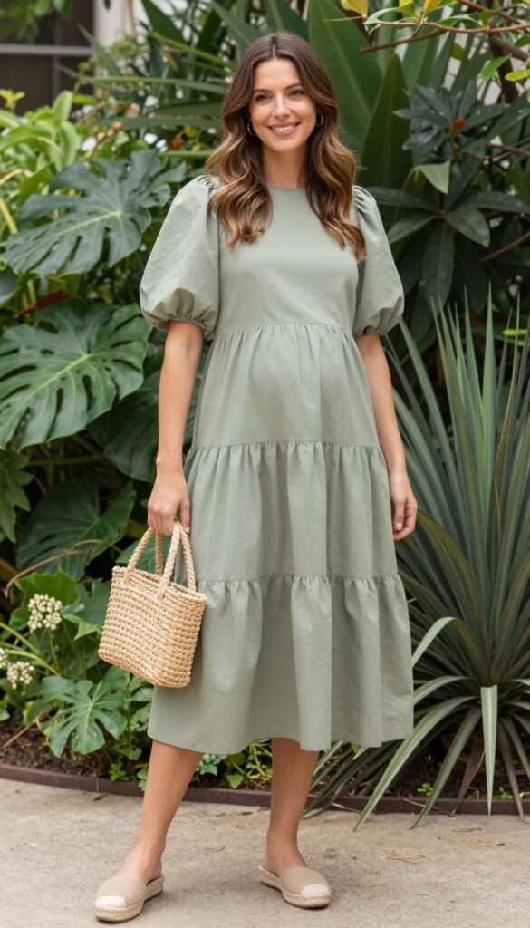 Pregnant woman in sage green tiered smock dress with puff sleeves, holding woven bag, wearing flat espadrilles and gold hoop earrings, standing in garden.