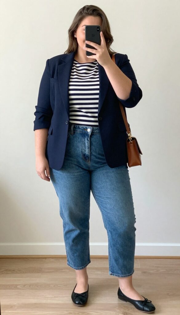 Woman in navy blazer, Breton striped top, cropped jeans, and ballet flats, taking a mirror selfie in a bedroom, phone partially covering her face.