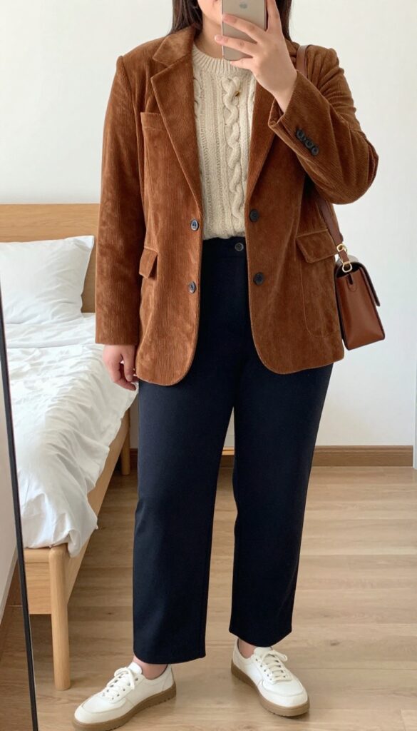 A woman wearing a rust corduroy blazer over a cream chunky cable-knit sweater, paired with dark charcoal straight-leg trousers and white sneakers, holding a leather crossbody bag, in a casual office setting.