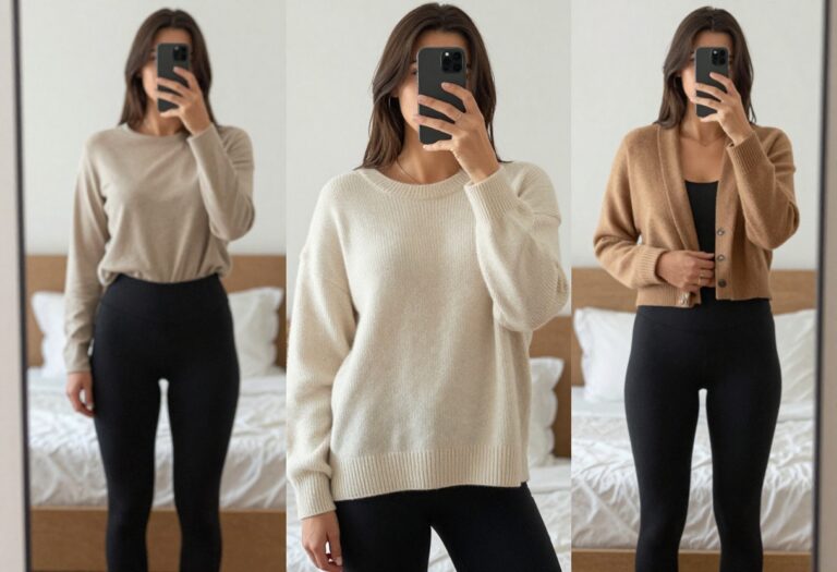 Woman in black leggings and cream sweater taking a mirror selfie in bedroom