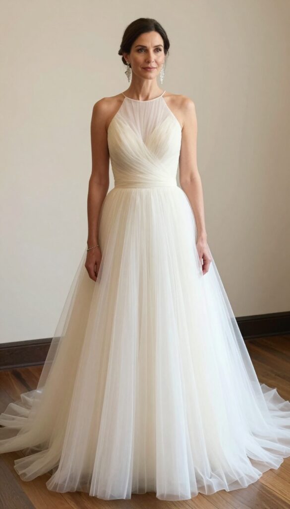 Woman in high-neck tulle wedding gown with chandelier earrings and silver heels in elegant indoor setting