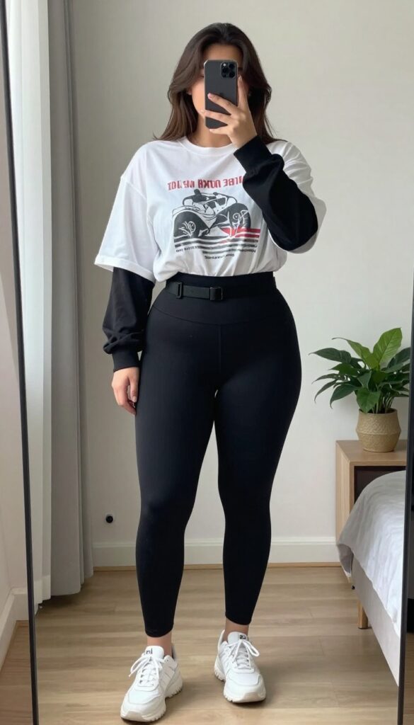 Plus-size woman in black leggings and oversized graphic tee taking a mirror selfie, with chunky sneakers and belt bag, in bright natural light.