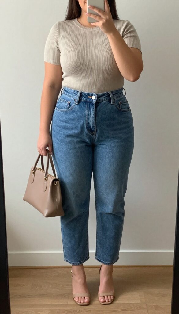 Woman in paperbag waist jeans and fitted top with heeled sandals, taking a mirror selfie.