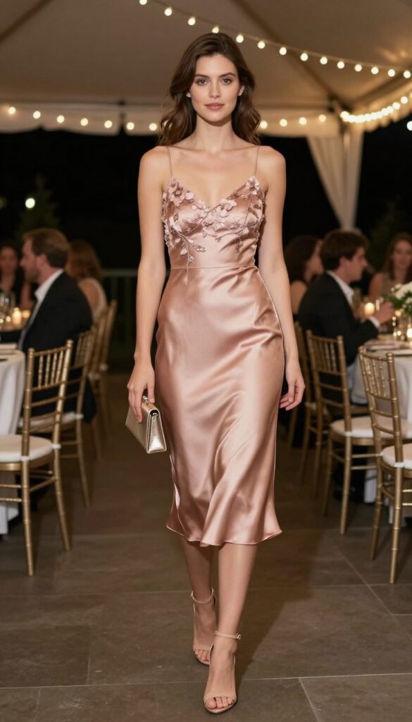 Rose gold satin dress with floral sequins, nude strappy heels, metallic clutch, minimal jewelry, evening wedding reception with string lights.