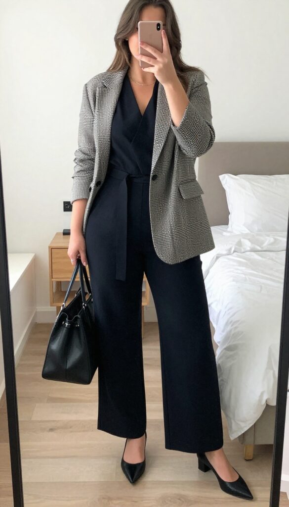 A woman in a black jumpsuit with a belt and a tailored blazer, posing in a mirror selfie, wearing pointed-toe flats.