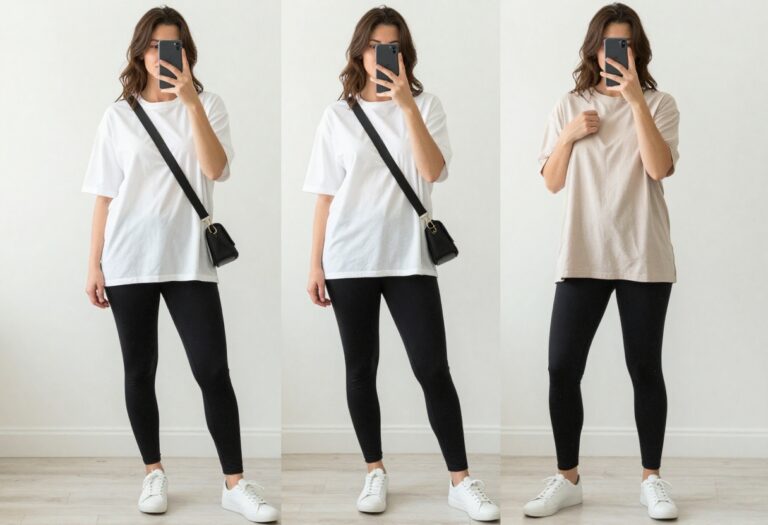 Mom wearing black leggings, oversized white tee, and sneakers, taking a mirror selfie in a bright room.