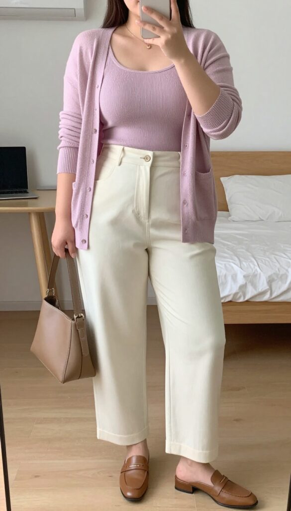 Woman in knit tank, high-waist cream trousers, and pastel cardigan taking a mirror selfie