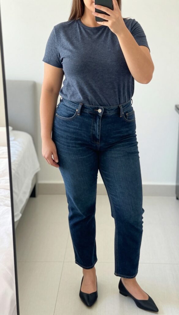 Woman in navy T-shirt, lightweight blazer, dark-wash straight-leg jeans, pointed flats, and crossbody bag, taking a mirror selfie in a bedroom.