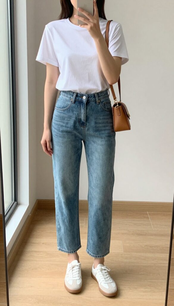 Model in white tee and straight-leg jeans taking a mirror selfie, phone partially hiding face, showing clean casual outfit with sneakers and crossbody bag.