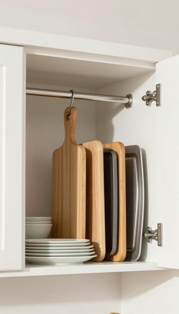 Upper kitchen cabinet with tension rod storing cutting boards vertically