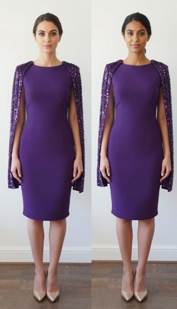 Woman in embellished purple dress and sequined cape for wedding