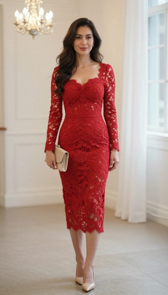 Woman in red lace mermaid dress with nude pumps and beige clutch in ballroom