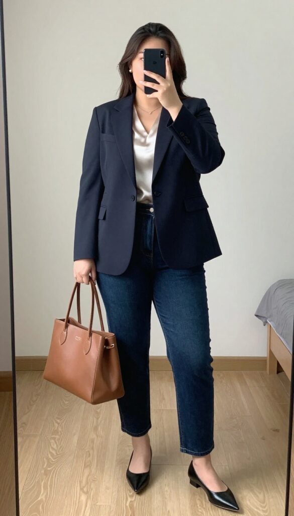 Woman in blazer and dark jeans with pointed flats, holding leather tote, in office or coffee shop setting