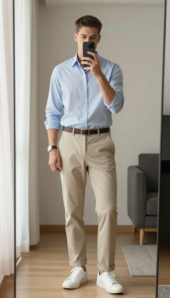 Man in light blue casual button-up shirt and beige chinos taking a mirror selfie, with white sneakers and brown belt, embodying simple business casual style.