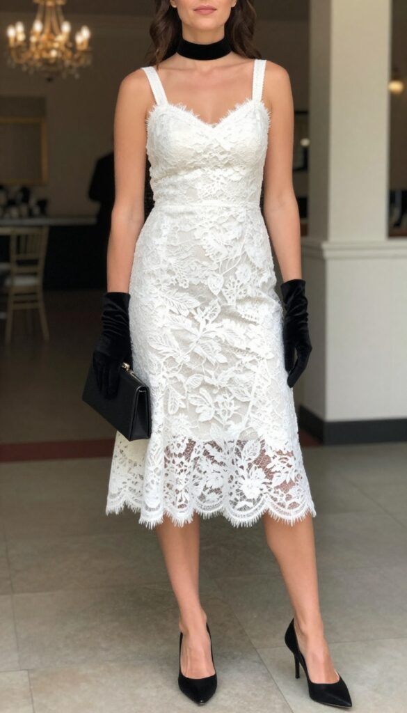 Adult woman with medium brown skin wearing a white lace dress, black velvet choker, and long black opera gloves, standing in an elegant ballroom with chandeliers.