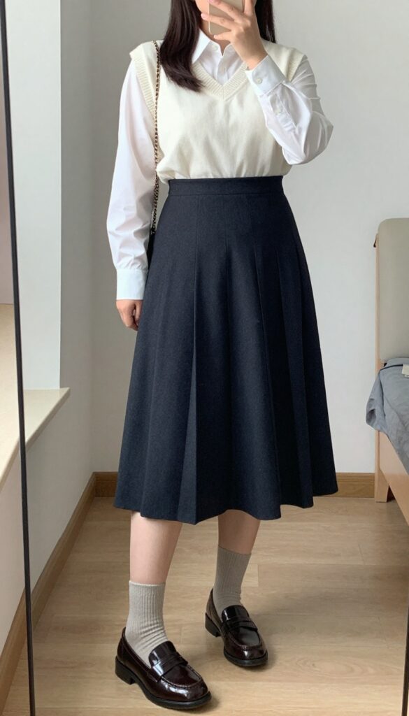 A woman in a pleated skirt, sweater vest, and patent loafers standing in a bright room.