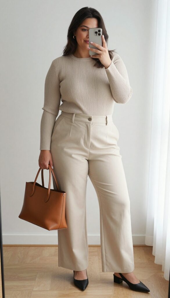 Plus-size woman in high-waisted wide-leg trousers and a fitted knit top, taking a mirror selfie in a bright room.