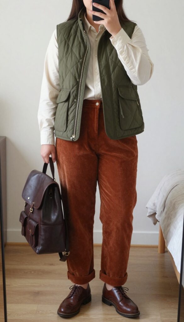 Woman in olive quilted vest, oxford shirt, rust corduroy pants, and brogues, holding a leather backpack.