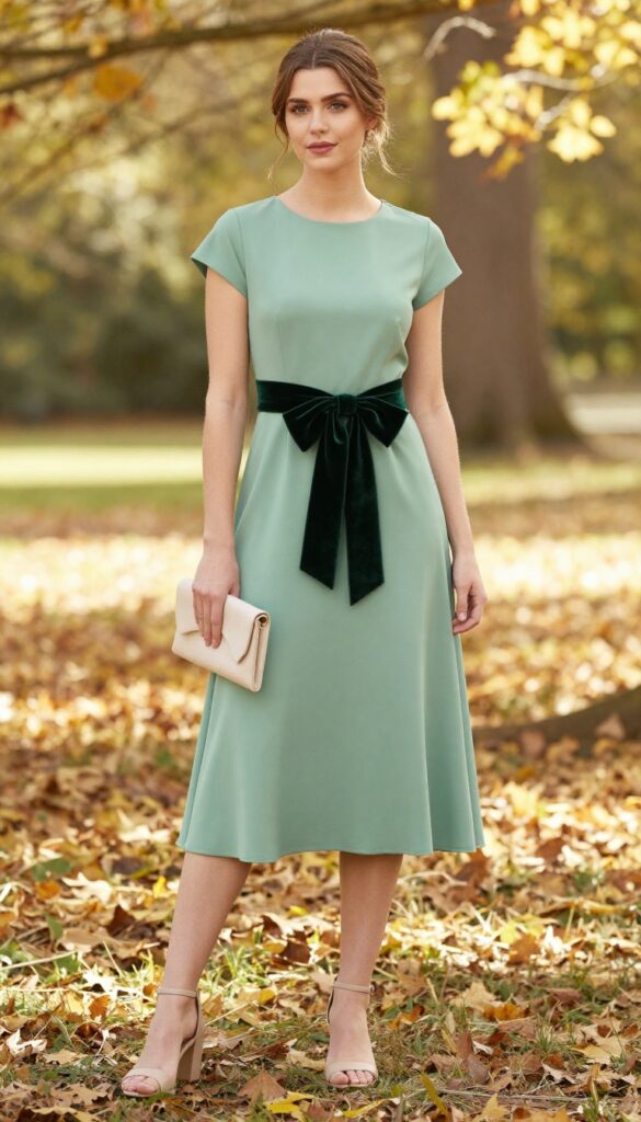 Sage green A-line midi dress with deep green velvet bow at waist, nude block-heel sandals, cream clutch, in sunlit autumn garden.