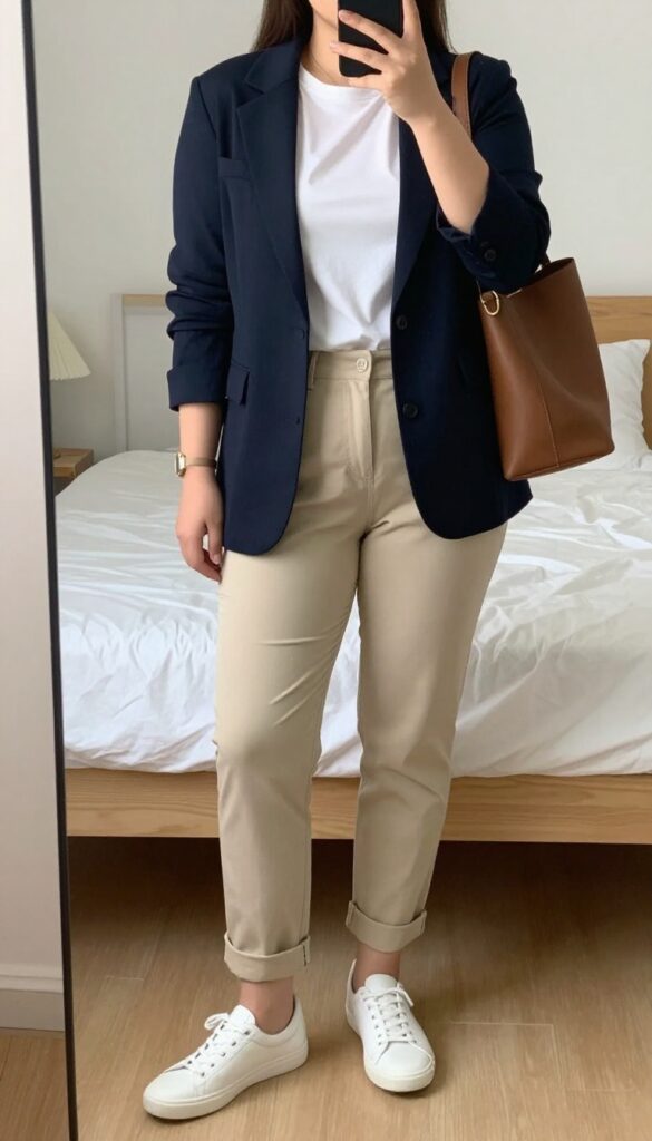 Woman in white slip-on sneakers, beige chinos, navy blazer, and brown tote for business casual outfit.