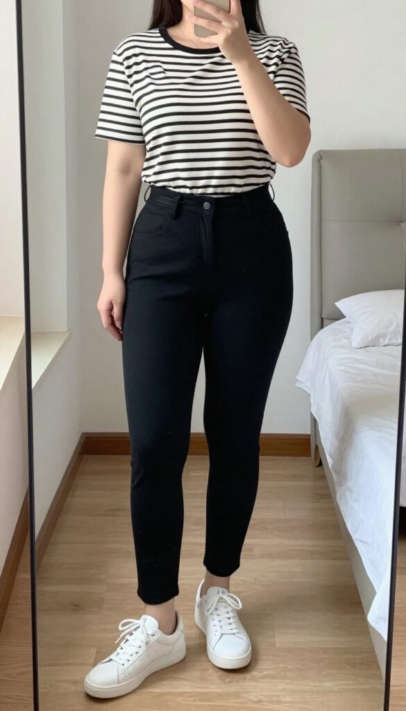 Petite woman in striped boatneck top and high-waisted black trousers with white sneakers, creating an elongated silhouette.