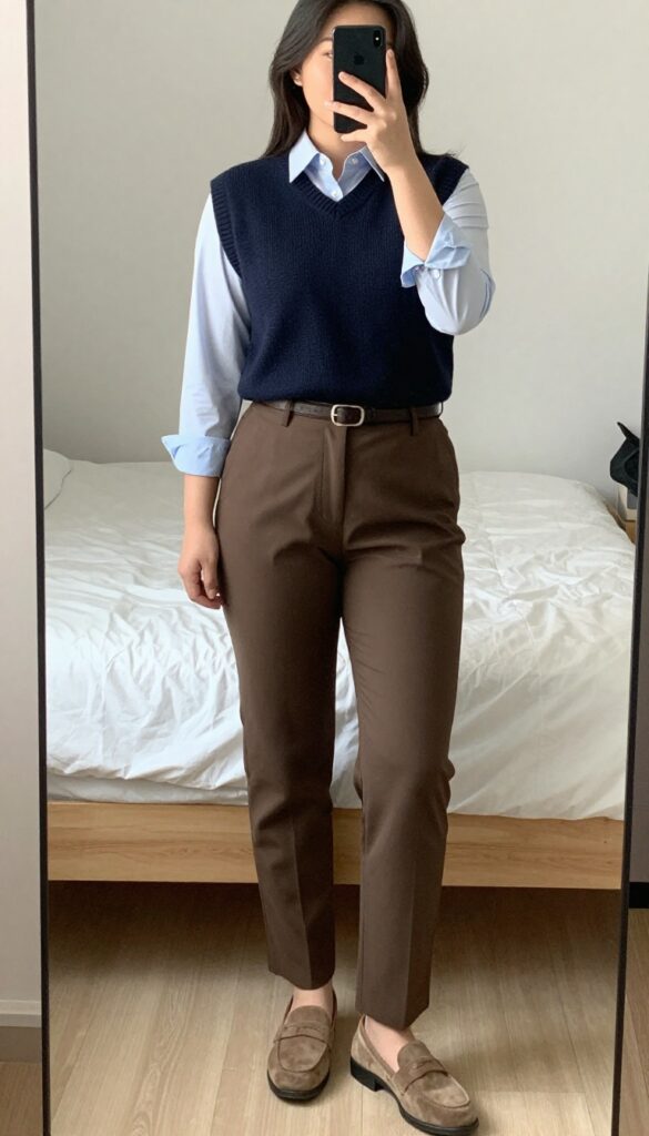 A woman in a cream sweater vest over a white button-down, tucked into brown trousers with loafers, standing in a bright office or coffee shop.