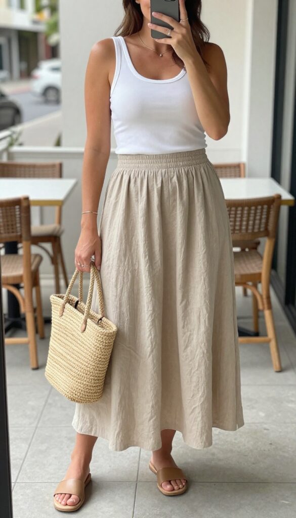 A woman wearing a flowy maxi skirt and a fitted tank top, with flat sandals and a woven bag, in a bright outdoor setting. She is taking a mirror selfie, partially covering her face with her phone, showcasing a casual yet stylish warm-weather outfit.