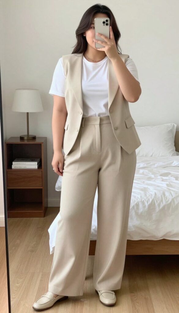 Woman in beige vest suit with white tee, loafers, and chain necklace, looking confident in a coffee shop.