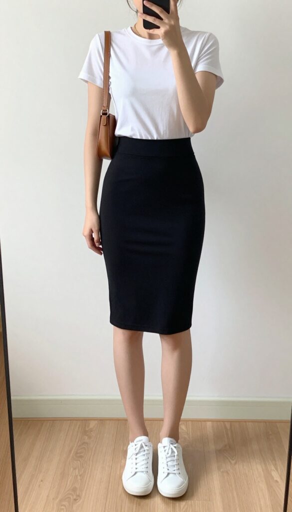 Woman in white t-shirt and black pencil skirt with white sneakers, taking a mirror selfie, casual chic outfit.