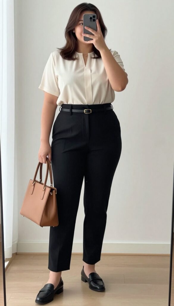 Plus-size woman in high-waisted black trousers and a tucked-in cream blouse, posing in a mirror selfie with a phone, polished work outfit.
