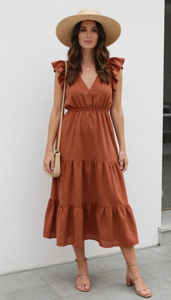 Young woman with wavy brown hair wearing a rust-colored tiered ruffle midi dress, wide-brim straw hat, and woven crossbody bag, standing in a sunlit grassy field during golden hour, natural makeup, relaxed pose looking slightly to the side.