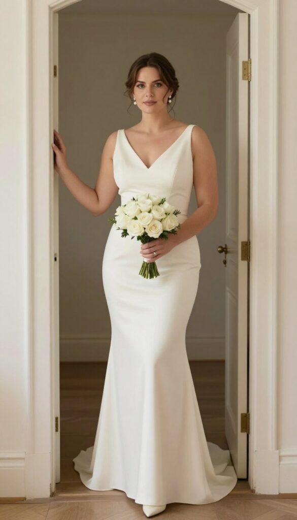 Curvy bride in fit-and-flare wedding dress with structured bodice, standing in sunlit church doorway