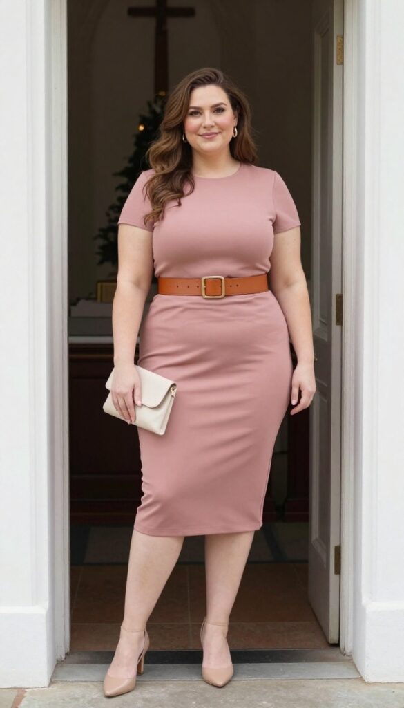 Plus-size woman in dusty rose fit-and-flare dress with tan belt, gold earrings, nude heels, and cream clutch in chapel doorway
