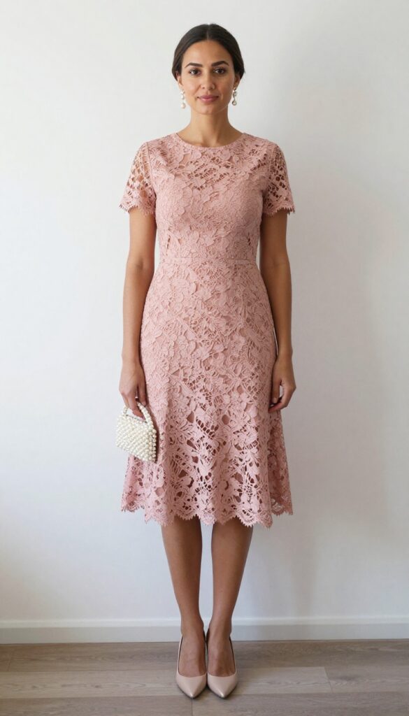 Woman in dusty rose lace tea-length dress with pearl accessories and nude pumps, standing in garden with white archway.