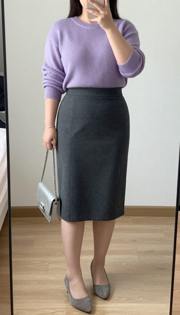 A woman in a lavender sweater and gray pencil skirt, posing in a mirror selfie, partially covering her face with a phone.