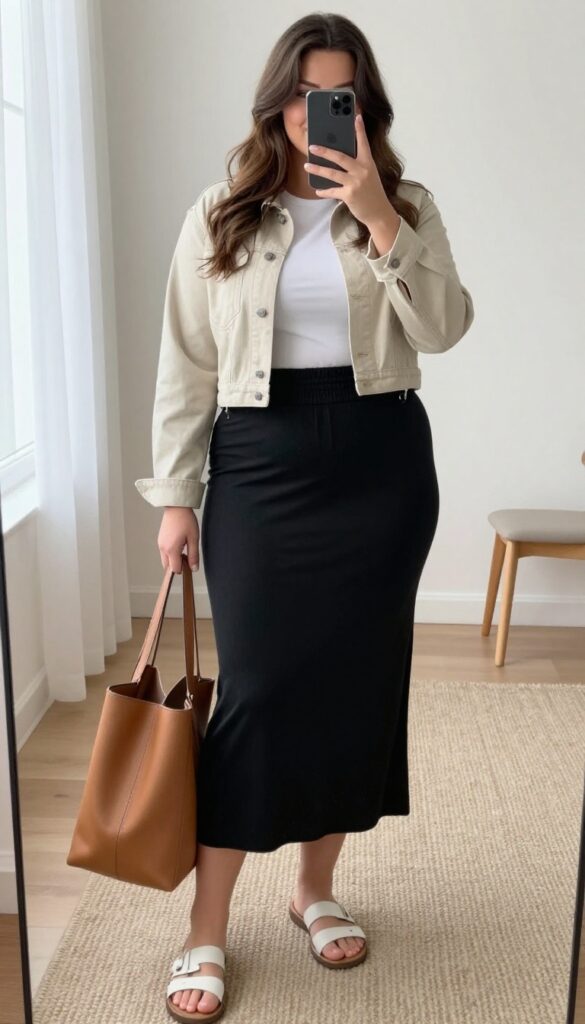 Plus-size woman in a black maxi skirt and white tee with a cropped denim jacket, taking a mirror selfie in a bright bedroom.