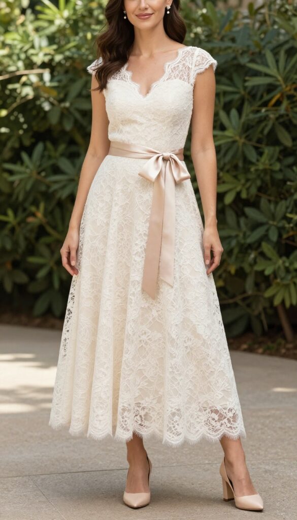 Woman in ivory lace wedding dress with blush satin sash belt, nude heels, pearl earrings, standing in sunlit garden.