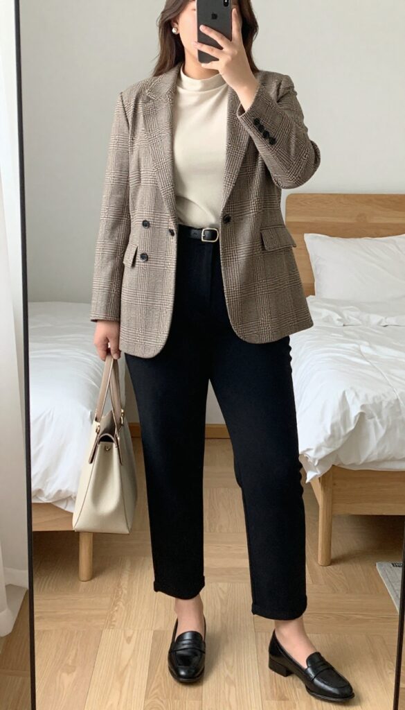 Woman in cream mock neck top, plaid blazer, and straight-leg black pants, standing in an office setting.