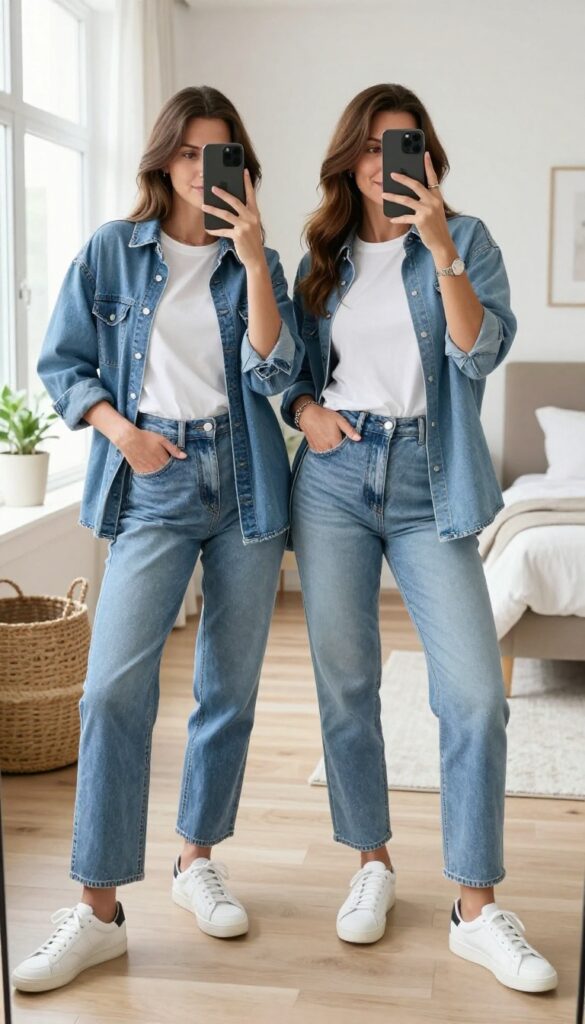 Two women, mother and daughter, taking a mirror selfie. They wear matching denim and white tee outfits: high-waisted jeans and a denim skirt paired with white tees, sneakers, and crossbody bags. The setting is a bright, modern bedroom with a full-length mirror.